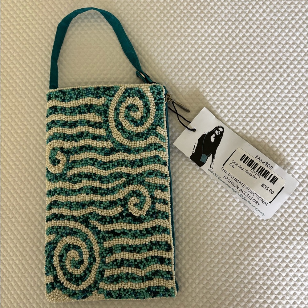 Beaded Teal and White Wristlet